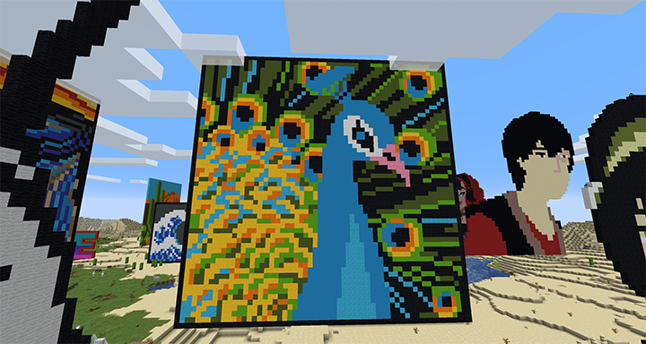 Minecraft pixel art of a peacock painting