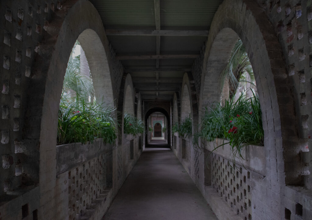 Covered walkway with arched windows